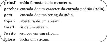 \ovalbox {\begin{Bdescription}

\item[\ \ printf] sada formatada de caracteres....
 ...] escreve em um stream.

\item[\ \ fclose] fecha um stream.
\end{Bdescription}}
